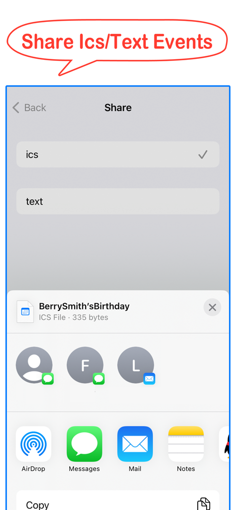 Calendar Tools - Screenshot of the Calendar Tools app showing the share menu with options to export events as ICS or text files via the iOS share sheet.
