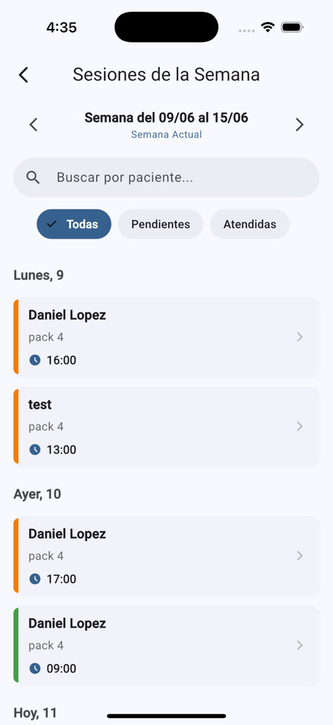 Pantalla de gestión de sesiones semanales en la aplicación FitSharp que muestra citas de pacientes programadas