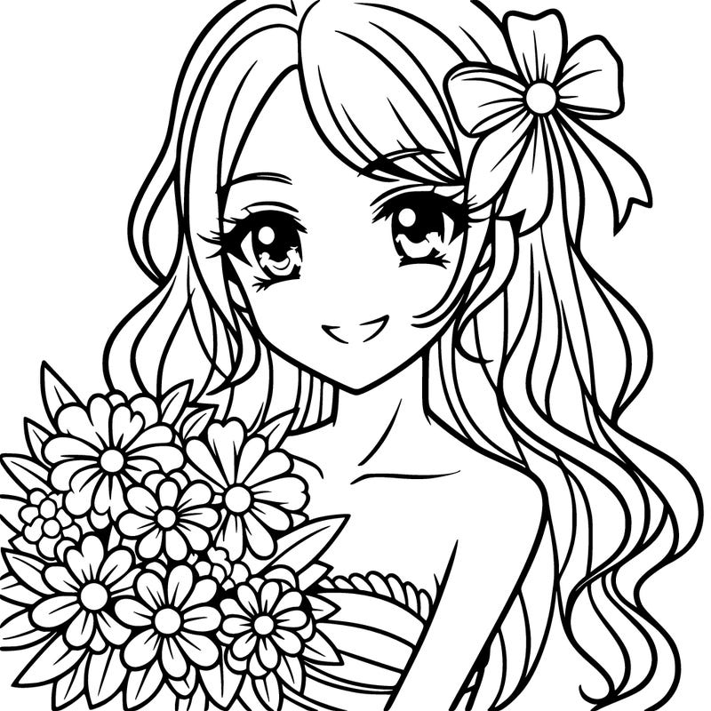 manga woman with flowers and a beautiful smile