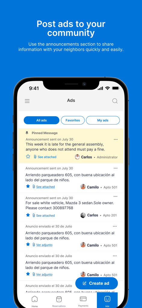 Habitanto - Resident - Community ads and announcements section in the Habitanto Resident mobile app showing neighbor listings and building updates.