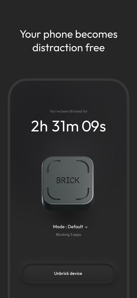 Brick - Ditch Distractions - Interfaz de la aplicación Brick que muestra un temporizador de concentración de 2 horas y el ícono del dispositivo Brick físico.