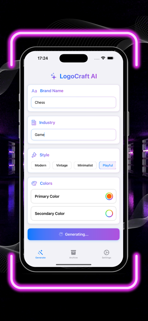 Logo Craft AI: AI Logo Maker - Interfaz de la aplicación móvil Logo Craft AI para ingresar el nombre de la marca y seleccionar estilos de logo