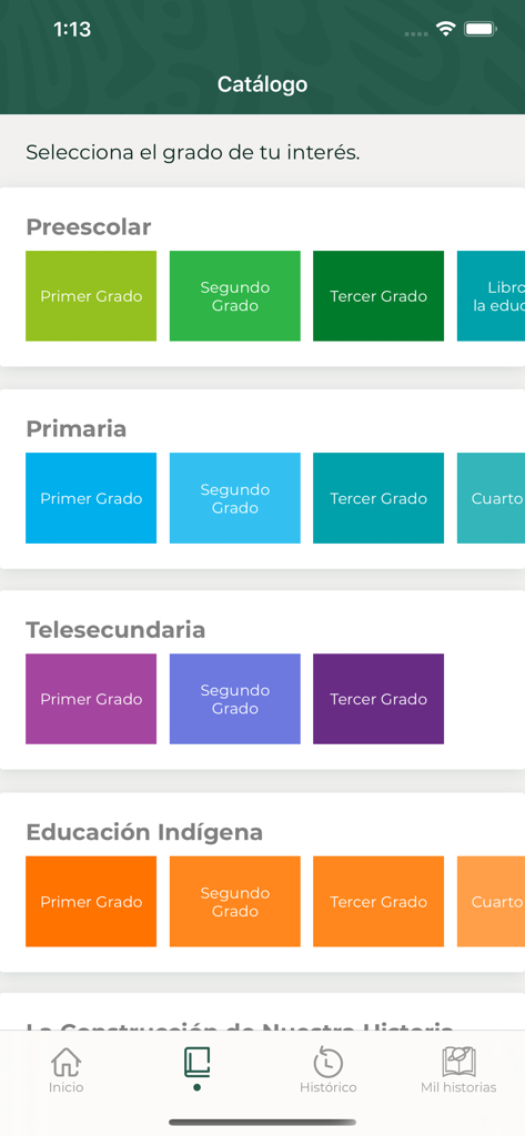 Pantalla del catálogo de la aplicación CONALITEG Digital mostrando los niveles educativos y opciones de grado para los libros de texto.