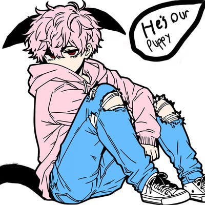 a male hoddie ripped jeans messy hair anime