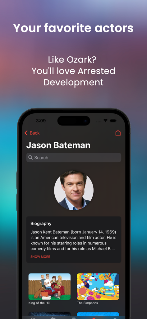 ストリーミング中の俳優ジェイソン・ベイトマンのプロフィール画面。伝記とフィルモグラフィーが表示されています。