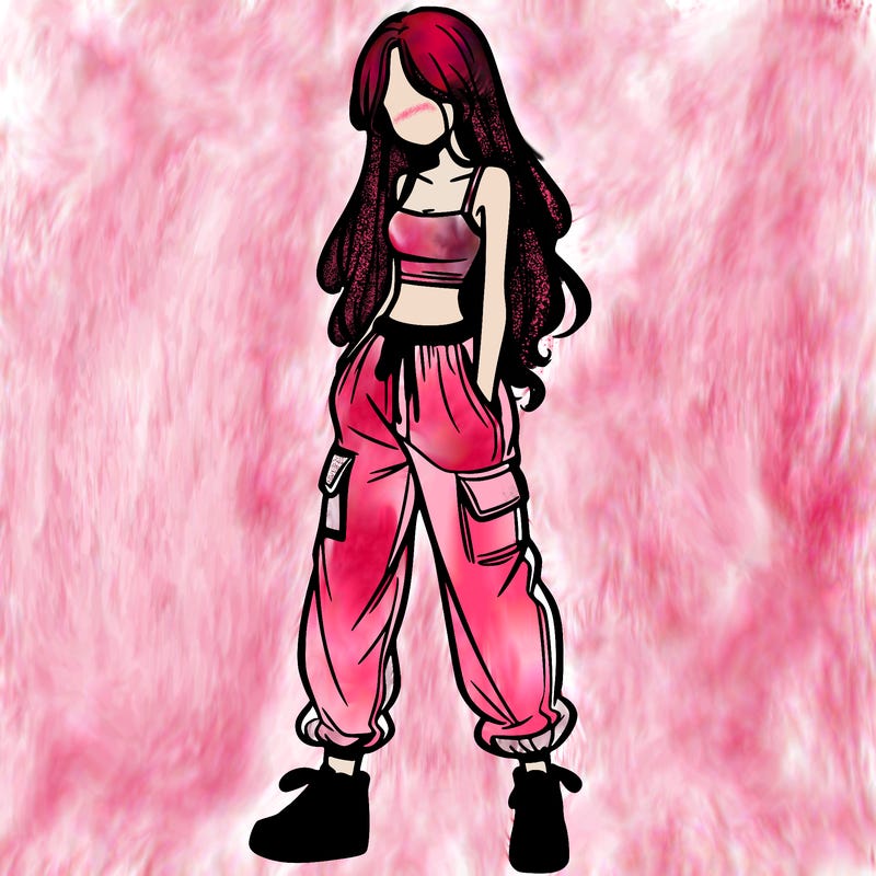 girl in baggy pants crop top and long hair