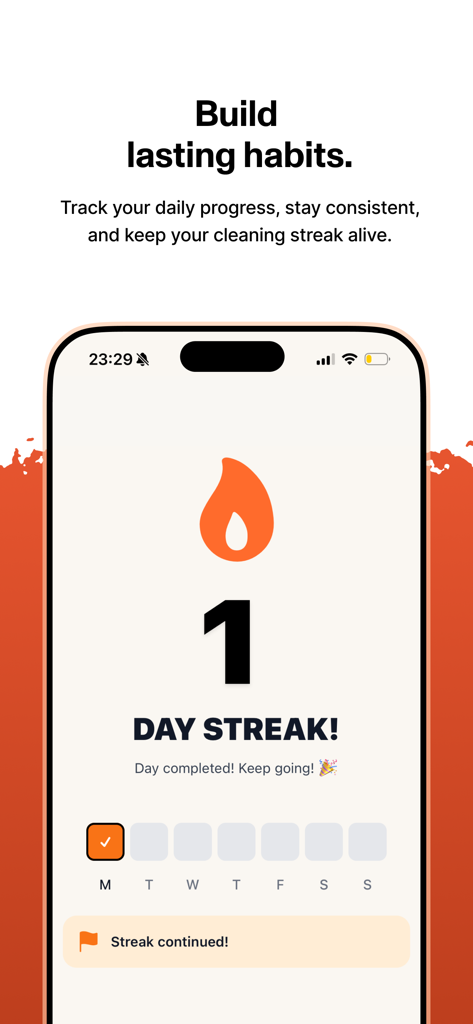 Howe: Cleaning Schedule - Interface of Howe app showing a one day cleaning streak and weekly progress tracker