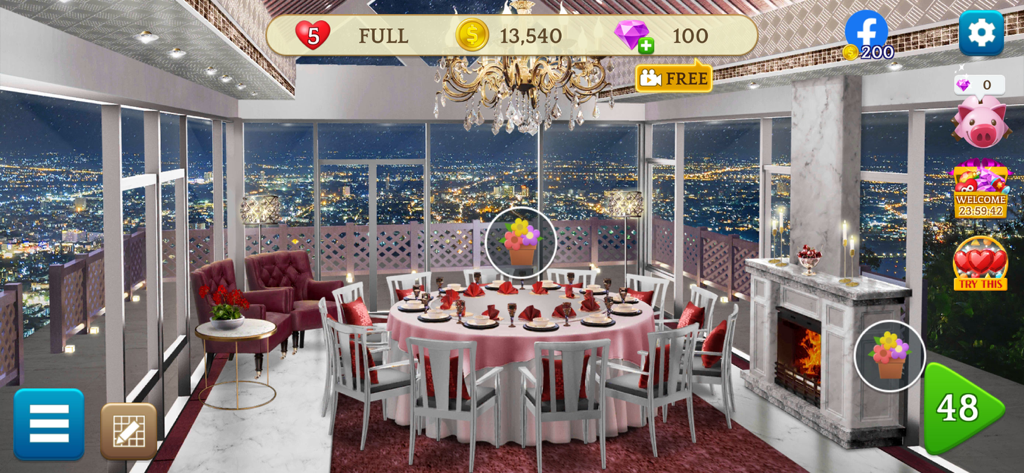 MyHome Design Hotel Renovation - Una lussuosa sala da pranzo sul tetto di un hotel con vista notturna sulla città e arredi moderni