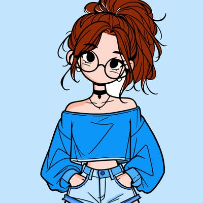 girl with a messy ponytail glasses a baggy crop top and jean shorts