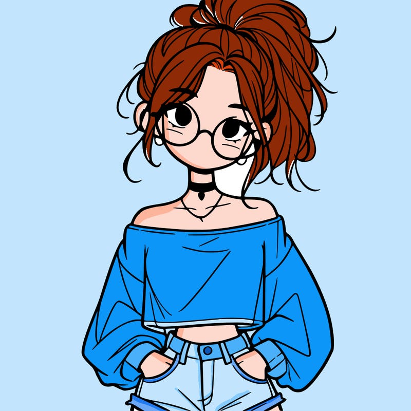girl with a messy ponytail glasses a baggy crop top and jean shorts