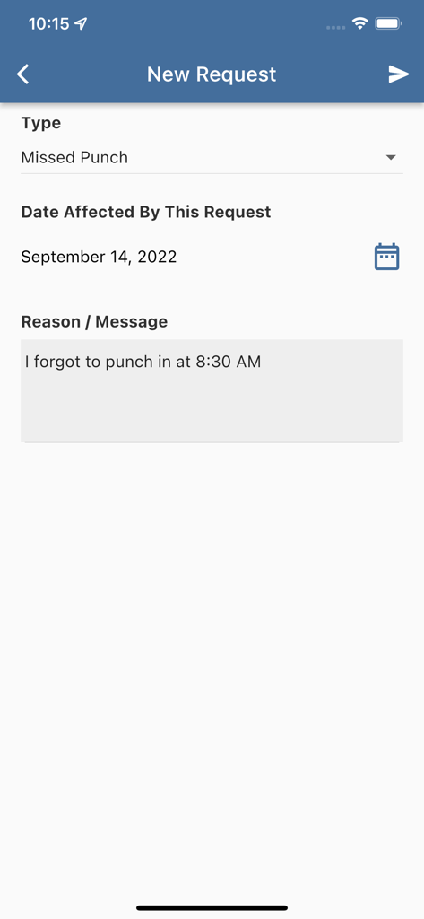 TimeTrex - TimeTrex mobile app interface showing a form to submit a new request for a missed punch including date and reason fields