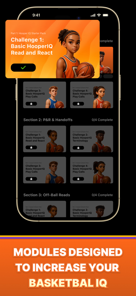 HooperIQ: Learn Basketball - HooperIQ app interface displaying basketball tactical training modules and read and react challenges