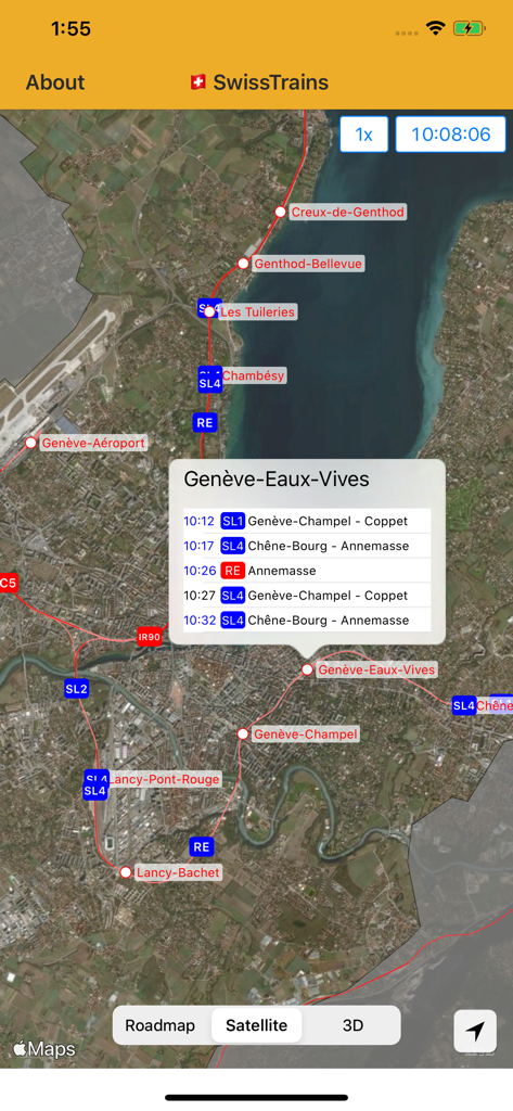 SwissTrains - Satellite map view of Swiss train departures in Geneva with real-time station details.
