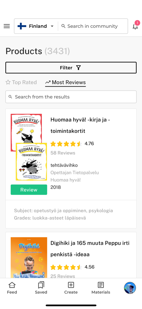 A list of educational products and teacher resources in the Freeed app.