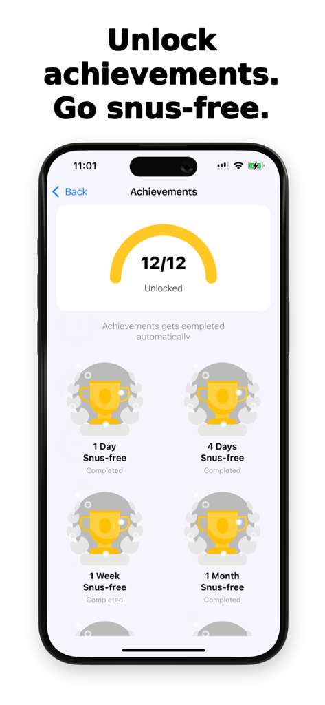 Quit Snus - Quit Snus app achievements screen showing nicotine free milestones and unlocked trophies
