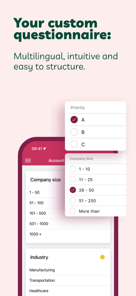 Customizable lead capture questionnaire on the VisitReport mobile app interface showing priority and company size fields