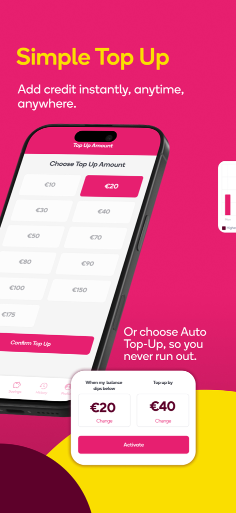 PrepayPower mobile app interface showing options to select top up amounts and set up auto top up for energy credit.