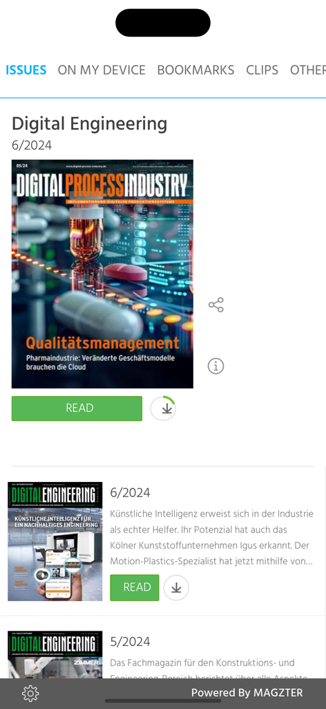 Interface of the Digital Engineering app showing a list of magazine issues with read and download options