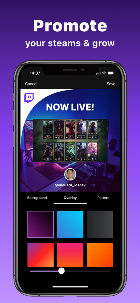 Stream Tracker for Twitch Live - Mobile interface for creating custom Now Live promotion posts for Twitch streams on social media