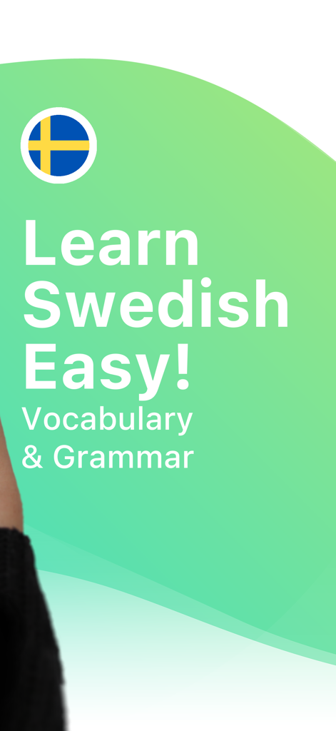 Schermata promozionale dell'app Impara lo svedese con LENGO con la bandiera svedese e il testo Impara lo svedese Vocabolario e Grammatica Facili