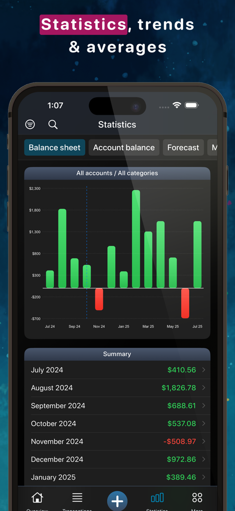MoneyStats - Budget Planner - MoneyStats app interface showing financial statistics and monthly balance sheet chart