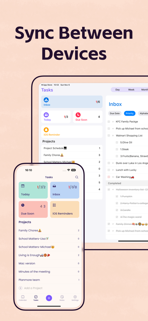 Planner Pro - Daily Planner - Planner Pro app interface showing task synchronization between iPhone and iPad.