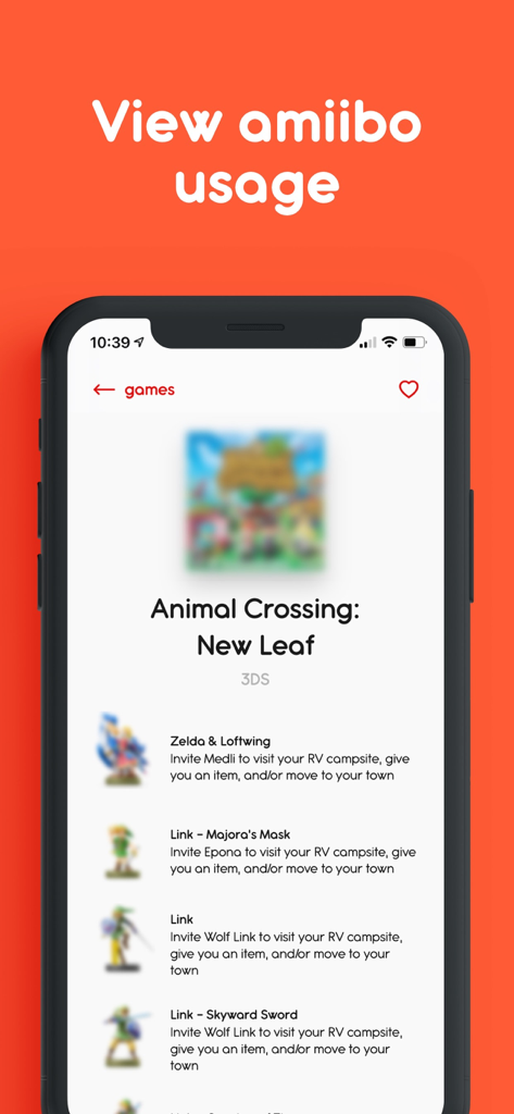 Ally – Collect and Backup - A screen from the Ally app showing which amiibo can be used in Animal Crossing New Leaf and the specific items they unlock.