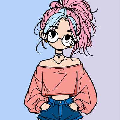 girl with a messy ponytail glasses a baggy crop top and jean shorts