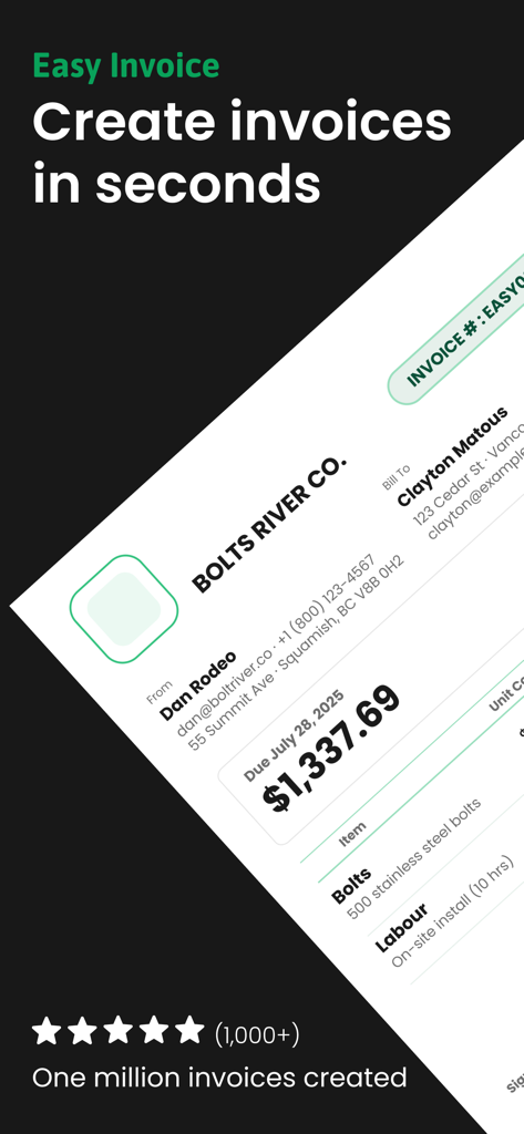 Invoice Maker by Easy Expense - Mobile screen showing professional invoice creation for small business owners