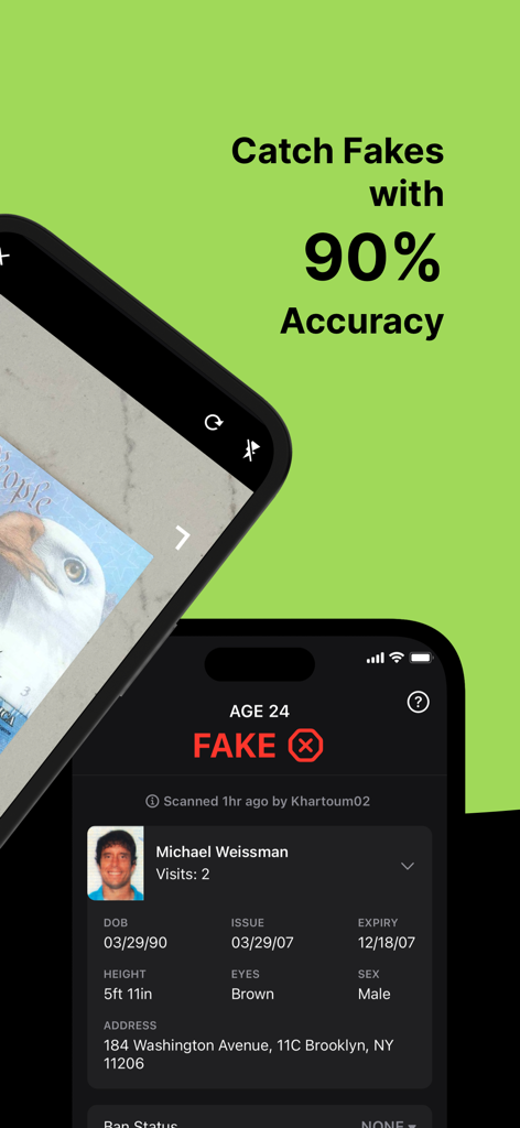 Vyyer ID Scan app showing a fake ID result and scanning interface