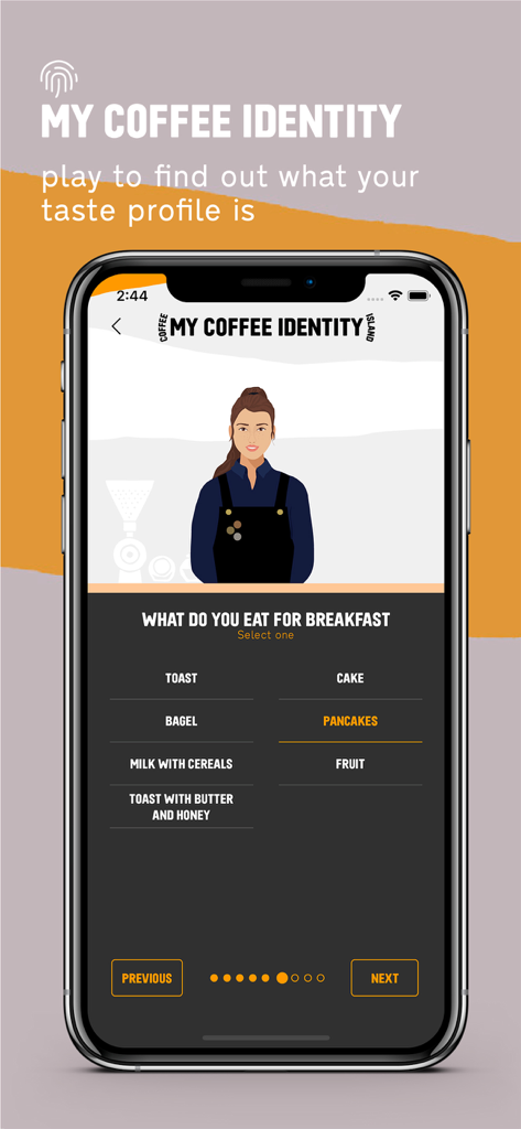 My Coffee Island - A smartphone displaying the My Coffee Identity taste profile quiz in the My Coffee Island app.