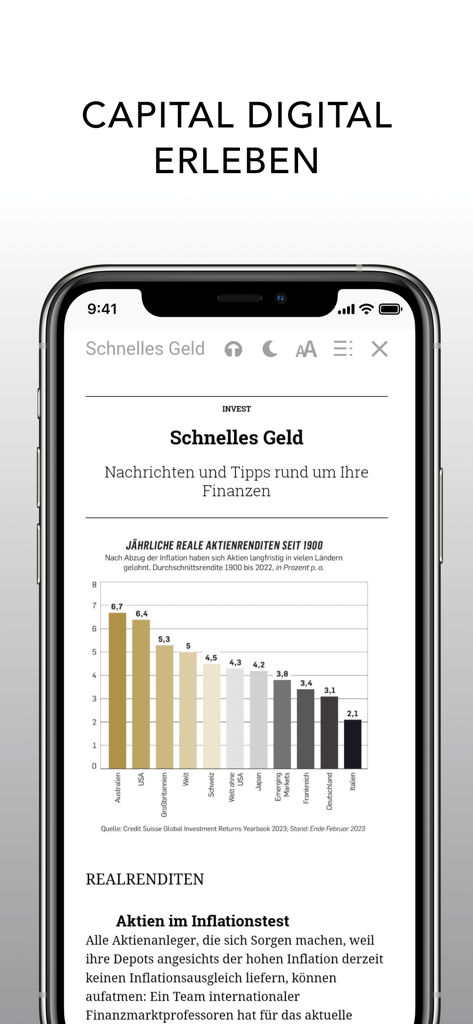Visualización de la aplicación Capital Magazin mostrando un artículo de negocios con un gráfico de barras de rendimientos bursátiles históricos