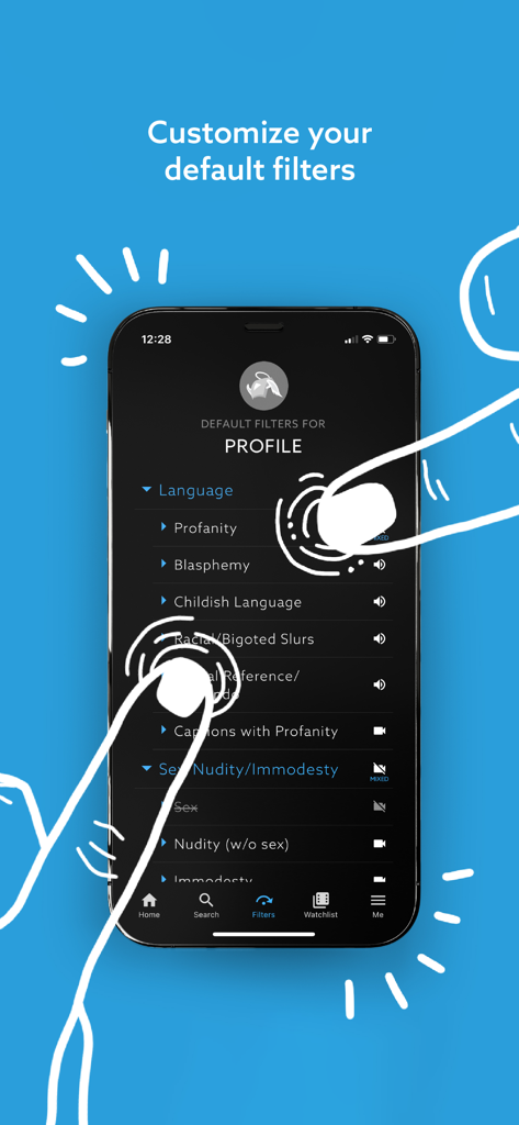 VidAngel - VidAngel app screen showing customizable default filters for language profanity blasphemy and nudity