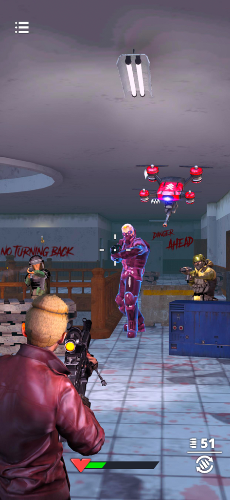 Last Survivor - Zombie Shooter - Third-person combat gameplay featuring a player character aiming at enemies and a drone in a post-apocalyptic indoor environment.