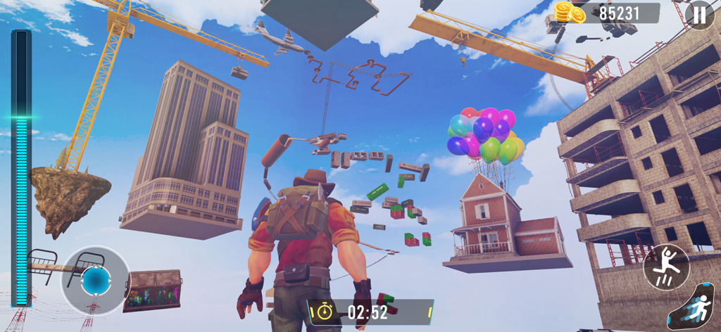 Going Jump Up: Parkour Games - A character in a parkour game overlooking a surreal landscape with floating skyscrapers and a house lifted by balloons.