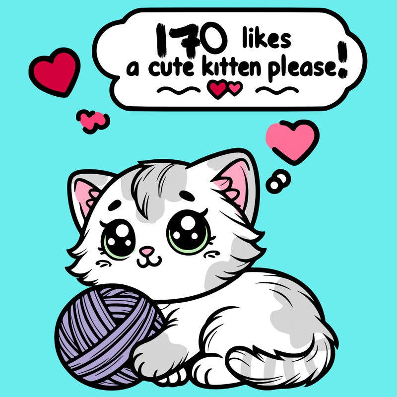 adorable kitten playing with a ball of yarn and a think bubble above the kitten saying 70 likes for a cute kitten please, 🙏 ❤️💕