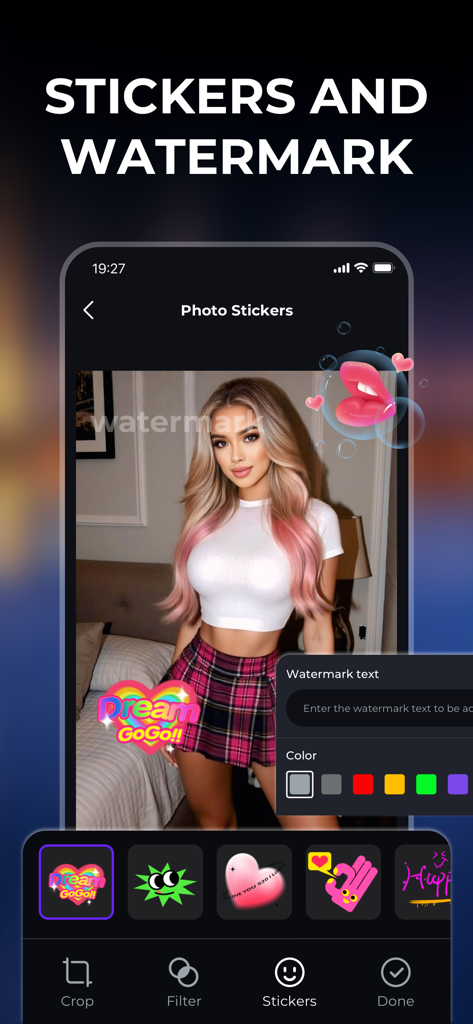 Interface of the Photo Journey app showing stickers and watermark customization features on a portrait photo