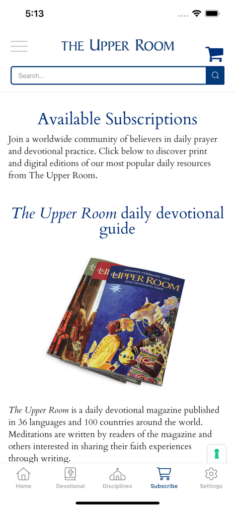 Upper Room Daily Devotional - The subscription page of the Upper Room app displaying daily devotional guide booklets