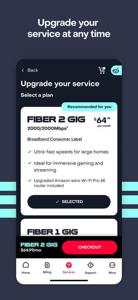 The MyFrontier app screen displaying an option to upgrade to a Fiber 2 Gig internet plan