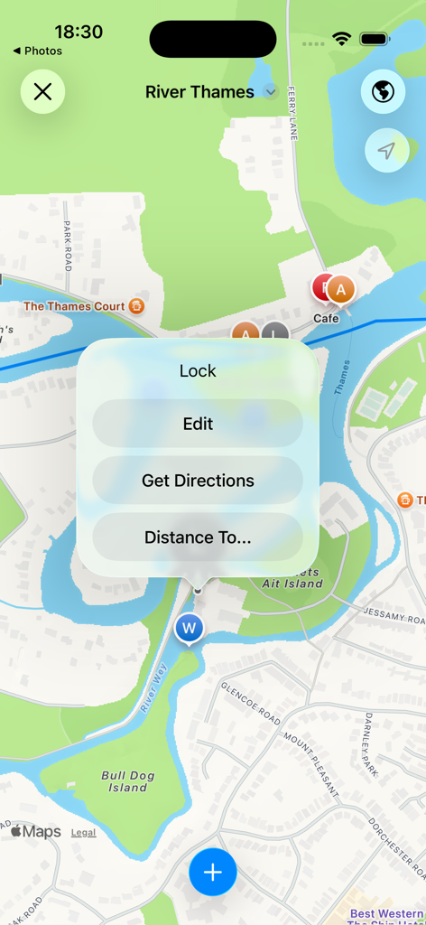 UK Waterways Map-Oberfläche zeigt die Themse mit Navigationsoptionen für Schleusen und Distanzmessung