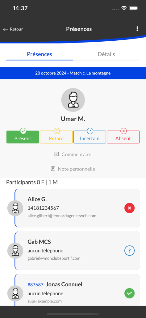 MonClubSportif - MonClubSportif App-Oberfläche, die die Anwesenheit und Verfügbarkeit der Teamspieler für ein Spiel zeigt