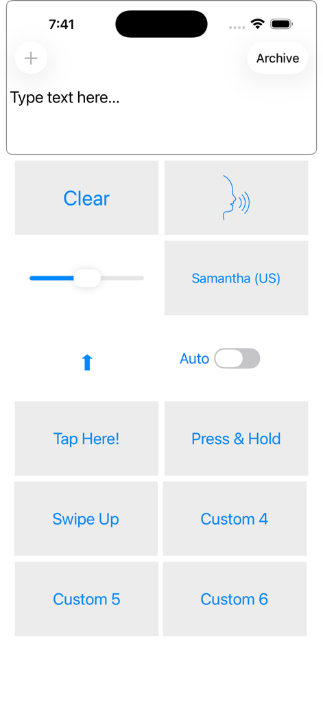 Talk For Me - Text to Speech - Talk For Me app main screen showing text input area, voice selection for Samantha, and customizable quick phrase buttons.