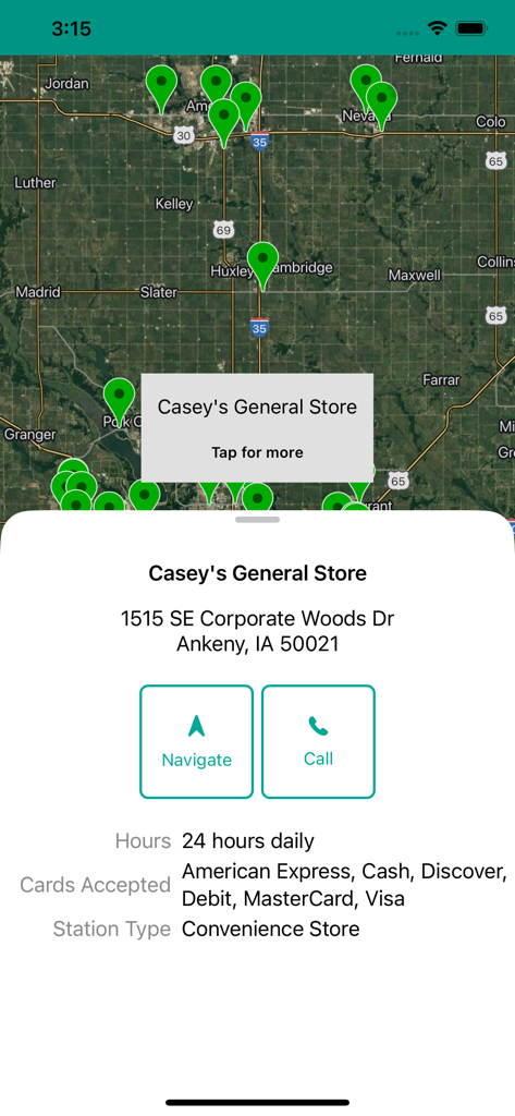 E85 Stations USA - Interface of E85 Stations USA app showing gas station location details and navigation options