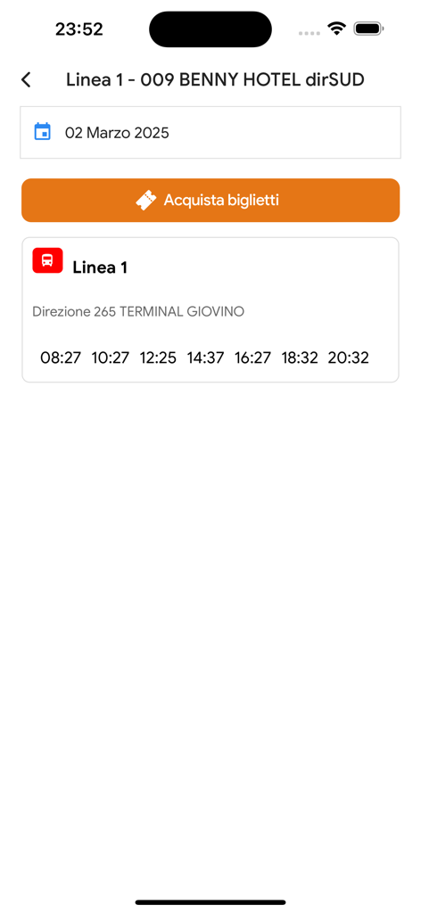 MOGO - Catanzaroのバス路線のスケジュールとオンラインチケット購入ボタンを表示するMOGOアプリインターフェース