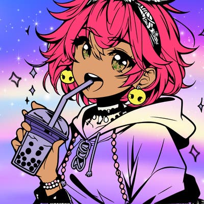 hot baddie anime girl drinking boba and biting the straw