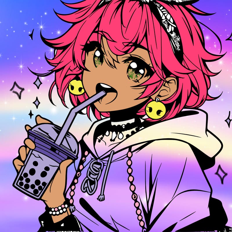 hot baddie anime girl drinking boba and biting the straw