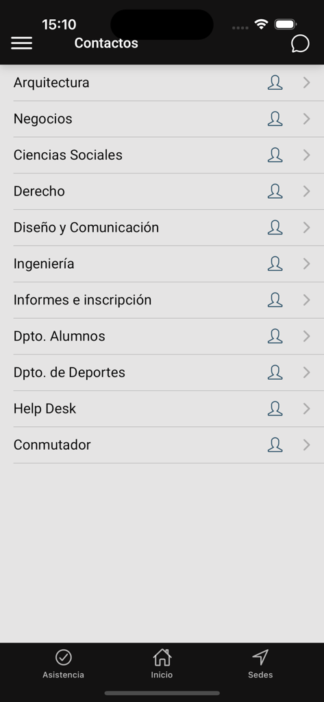 A tela de contatos do aplicativo MyUP mostrando uma lista de departamentos universitários como Arquitetura, Negócios e Direito.