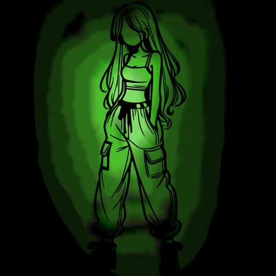 girl in baggy pants crop top and long hair