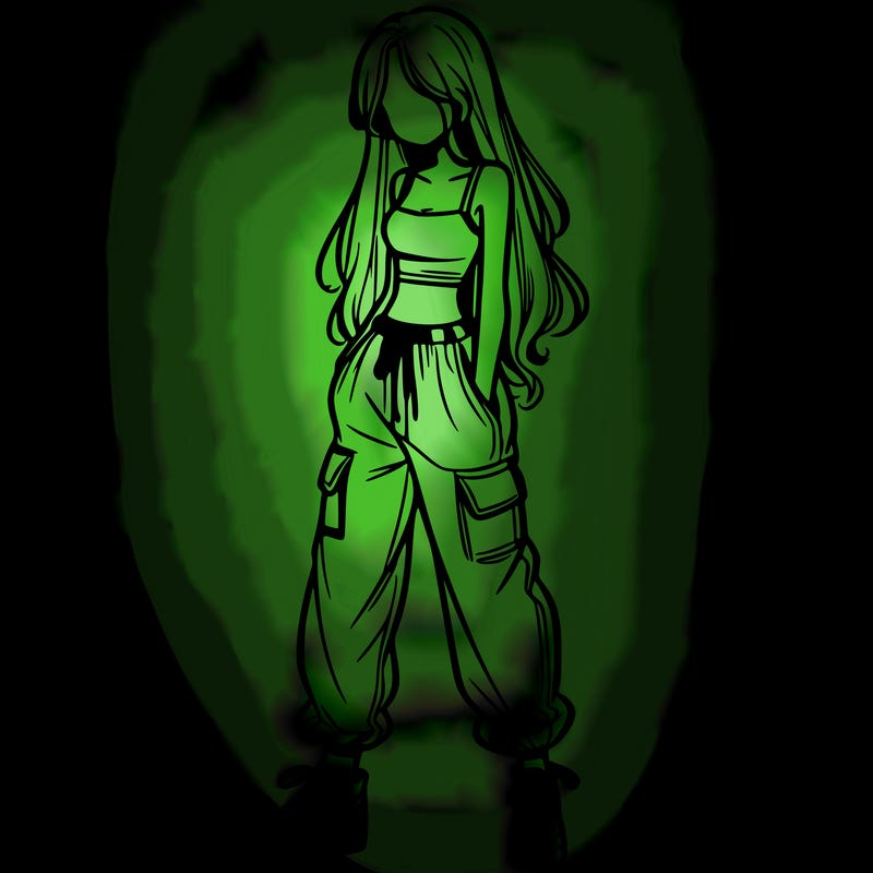 girl in baggy pants crop top and long hair