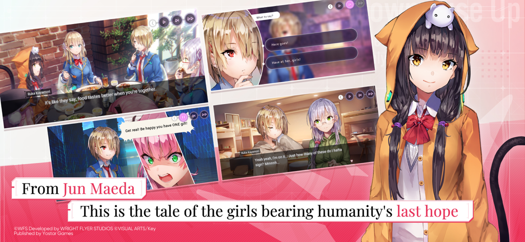 Banner promocional para Heaven Burns Red mostrando diálogos de personagens de anime e elementos de história de novelas visuais de Jun Maeda.